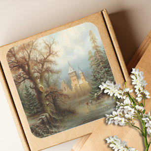 Adesivo Quadrado Paisagem Romântica de inverno com Patinadores de G