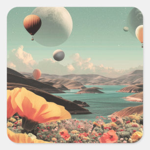 Adesivo Quadrado Paisagem Surrealista com Balões de Ar e Lua