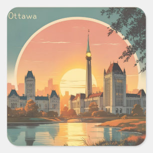 Adesivo Quadrado Paisagem Urbana do Pôr do Sol Retro em Ottawa Cana