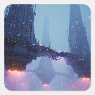 Adesivo Quadrado Paisagem Urbana Futurista com Estruturas Flutuante