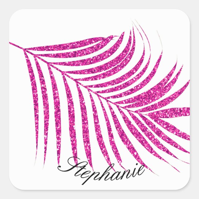 Adesivo Quadrado Palm Leaf Pink Rose Glitter Nome Personalizado Fre (Frente)