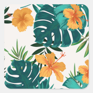 Adesivo Quadrado Palma Tropical Watercolor,Hibiskus Havaiano