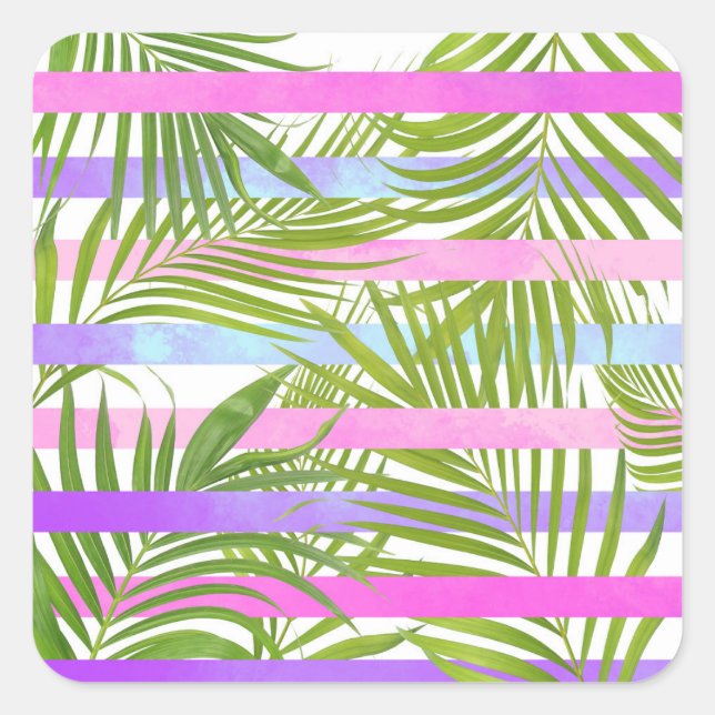 Adesivo Quadrado Palmeiras tropicais, listras violetas rosa moderna (Frente)