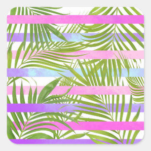 Adesivo Quadrado Palmeiras tropicais, listras violetas rosa moderna