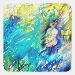 ADESIVO QUADRADO PAN JOGANDO FLUTA E CERVEJA EM TERRA VERDE