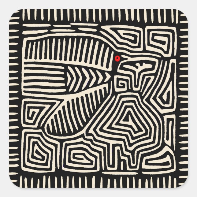 Adesivo Quadrado Panamá Kuna Indian Mola Pajaro - Branco preto (Frente)