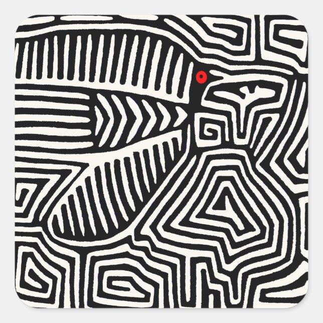 Adesivo Quadrado Panamá Kuna Indian Mola Pajaro - Branco preto (Frente)