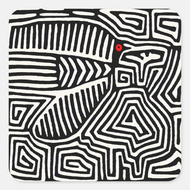 Adesivo Quadrado Panamá Kuna Indian Mola Pajaro - Branco preto (Frente)