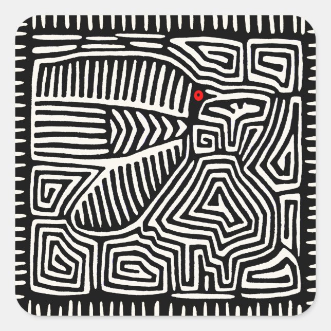 Adesivo Quadrado Panamá Kuna Indian Mola Pajaro - Branco preto (Frente)