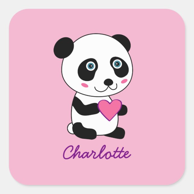 Adesivo Quadrado Panda bonita com um nome personalizado cor-de-rosa (Frente)