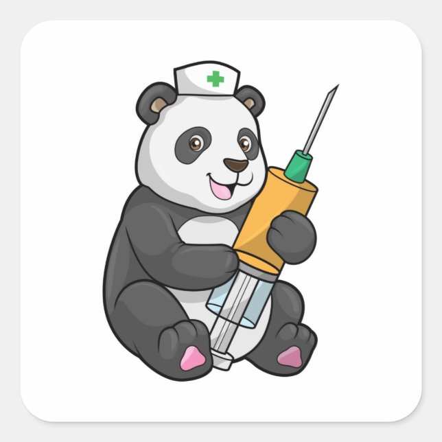 Adesivo Quadrado Panda como enfermeira com seringa (Frente)