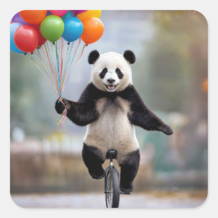 Adesivo Quadrado Panda em um monociclo com buquê de balões