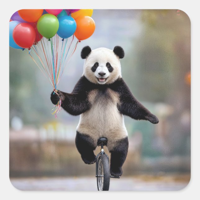 Adesivo Quadrado Panda em um monociclo com buquê de balões (Frente)