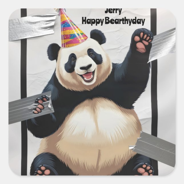 Adesivo Quadrado Panda gigante sentado vestindo chapéu de aniversár (Frente)
