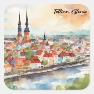 Adesivo Quadrado Panorama de Tallinn Estônia em Aquarela 