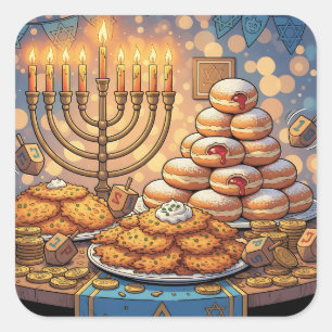 Adesivo Quadrado Panquecas de Batata da Hanukkah, Menorá e Rolinhos