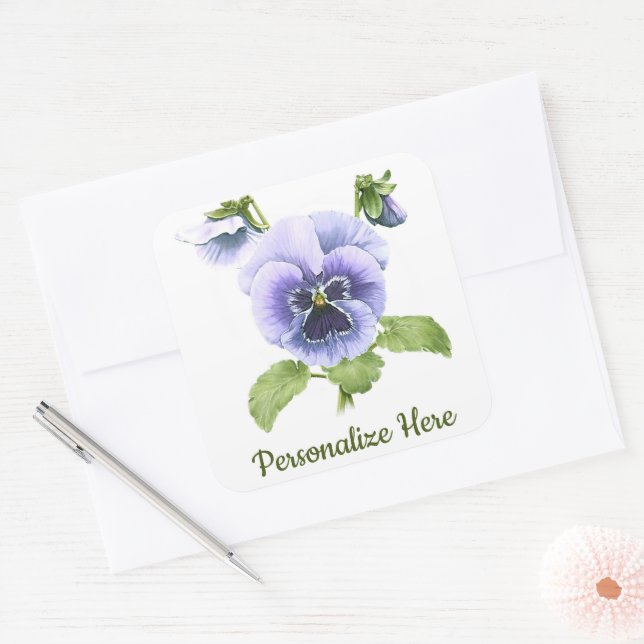 Adesivo Quadrado Pansias Púrpuras Arte Botânica Floral (Envelope)