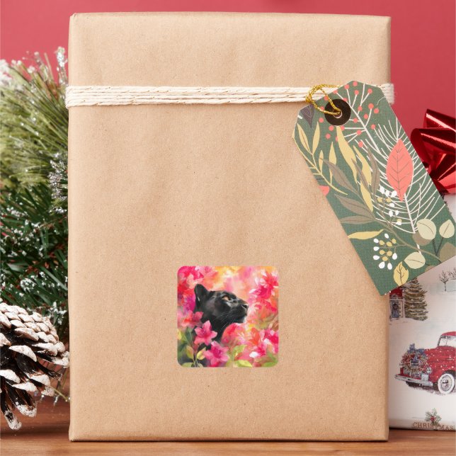 Adesivo Quadrado Pantera Negra Selvagem Floral Selvagem Elegante (Feriado)