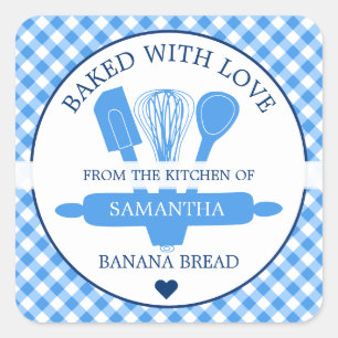 Adesivo Quadrado Pão De Banana Azul Gingham Assado Com Amor Assar