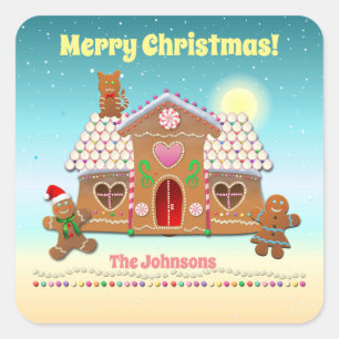 Adesivo Quadrado Pão De Gengibre Colorido Com Um Gato No Telhado