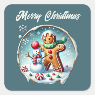 Adesivo Quadrado Pão de gengibre de Natal feliz adiciona texto