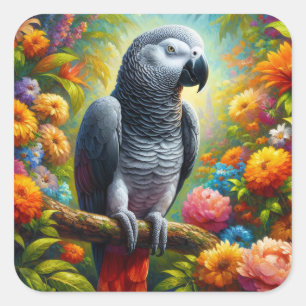 Adesivo Quadrado Papagaio de Cinza Africano com Flores Coloridas