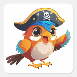 Adesivo Quadrado Papagaio pirata de desenho animado fofo