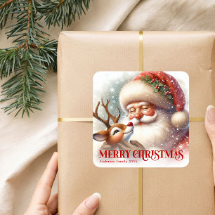 Adesivo Quadrado Papai Noel Alegre Rúdolfo Personalizado Festa de N