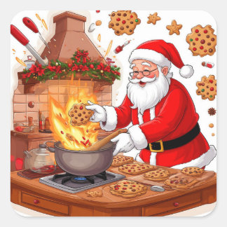 Adesivo Quadrado Papai Noel Aproveitando o Jantar de Natal Perto da