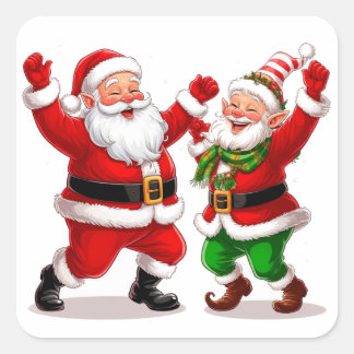 Adesivo Quadrado Papai Noel Brincando Com Elfo de Natal