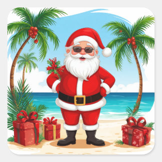 Adesivo Quadrado Papai Noel Celebrando o Natal na Praia Tropical