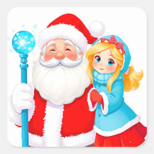 Adesivo Quadrado Papai Noel com a Donzela de Neve em Trajes de Inve