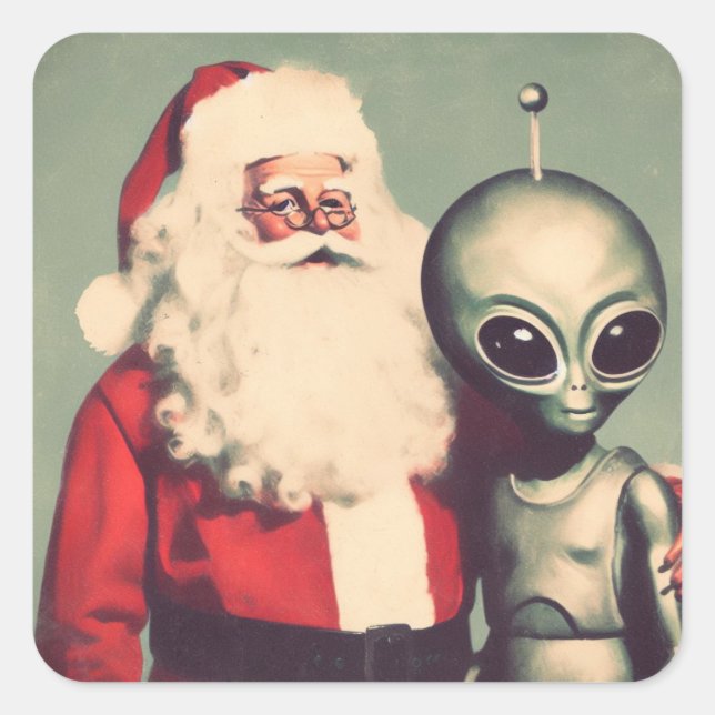 Adesivo Quadrado Papai Noel com Alienígena Espacial Ficha Natal (Frente)