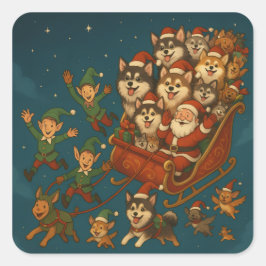 Adesivo Quadrado Papai Noel com cachorrinhos alegres e elfos!