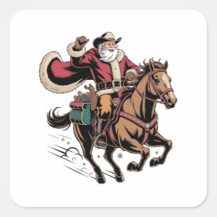 Adesivo Quadrado Papai Noel Cowboy Montado a Cavalo Natal