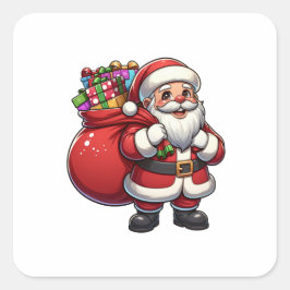Adesivo Quadrado Papai Noel de desenho animado fofo com saco de pre