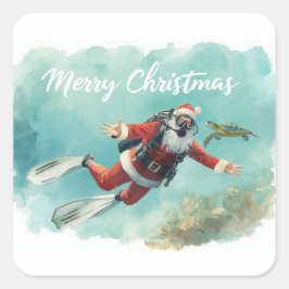 Adesivo Quadrado Papai Noel de Mergulho Feliz Natal Subaquático