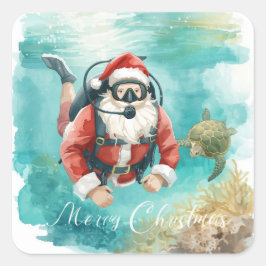Adesivo Quadrado Papai Noel de Mergulho Feliz Natal Subaquático