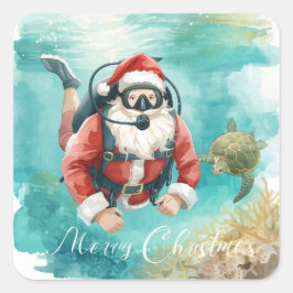 Adesivo Quadrado Papai Noel de Mergulho Natal Alegre Subaquático