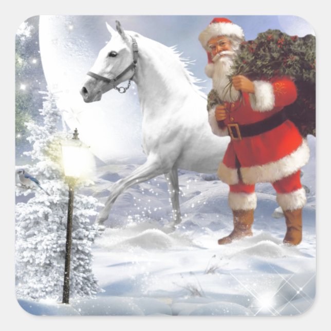 Adesivo Quadrado Papai Noel de Natal com Cavalo Branco (Frente)