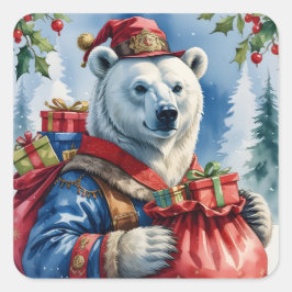 Adesivo Quadrado Papai noel de Natal para Design de Urso Polar