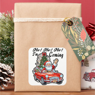 Adesivo Quadrado Papai Noel Dirigindo Carro Clássico Vermelho
