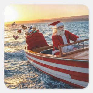 Adesivo Quadrado Papai Noel dirigindo um barco de corrida