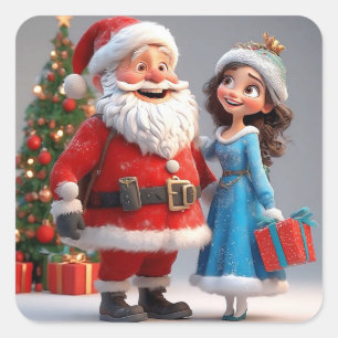 Adesivo Quadrado Papai Noel e a Donzela de Neve Celebrando o Natal