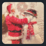 Adesivo Quadrado Papai Noel e boneco de neve na neve<br><div class="desc">snowman santa claus christmas, amigos frios e coloridos sorrisos, felicidade congelada com o elemento do cachecol, alegria diversão alegre floco de neve, sorria esse ano vermelho, nova época de Natal engraçada, feliz de inverno feliz de presente, celebração de personagens de pintura artística, feriado de neve feliz, snowman santa claus de...</div>