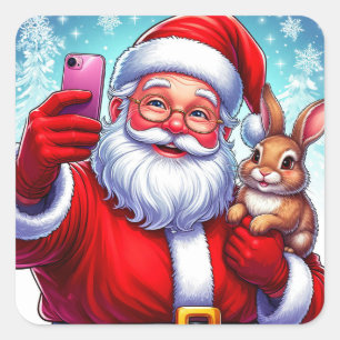 Adesivo Quadrado Papai Noel e Coelho Tirando Selfie de Natal