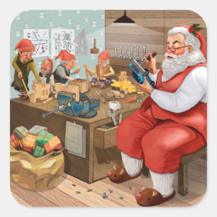 Adesivo Quadrado Papai noel e duendes que fazem o Natal dos