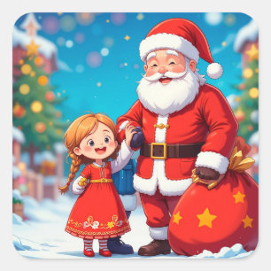 Adesivo Quadrado Papai Noel e Menina com um Saco de Presentes