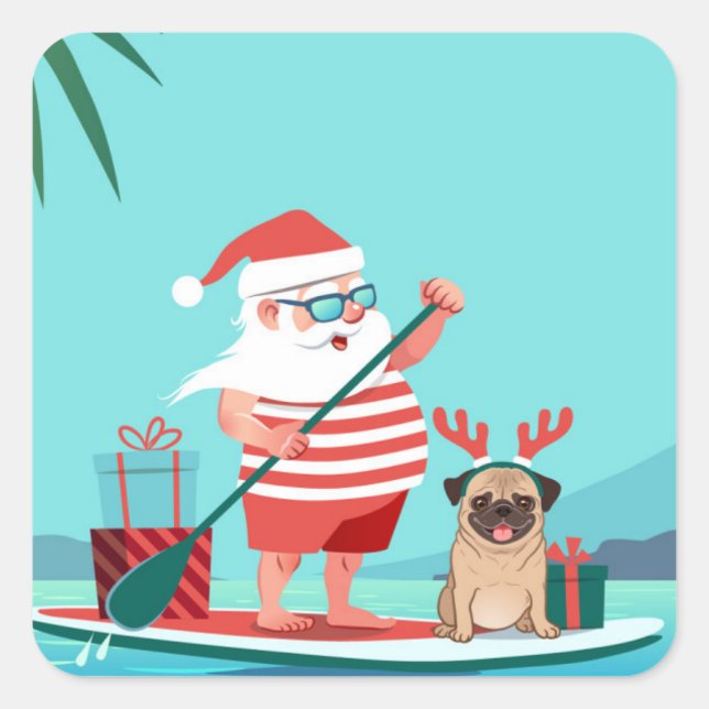 Adesivo Quadrado Papai Noel e o Pug dele no surfboard (Frente)