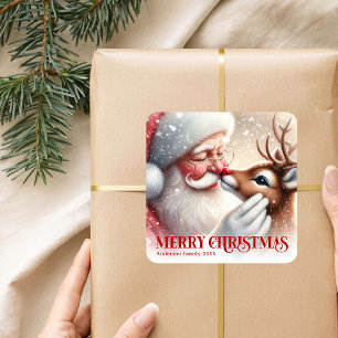 Adesivo Quadrado Papai Noel e Rudi Personalizados Natal Fantasia